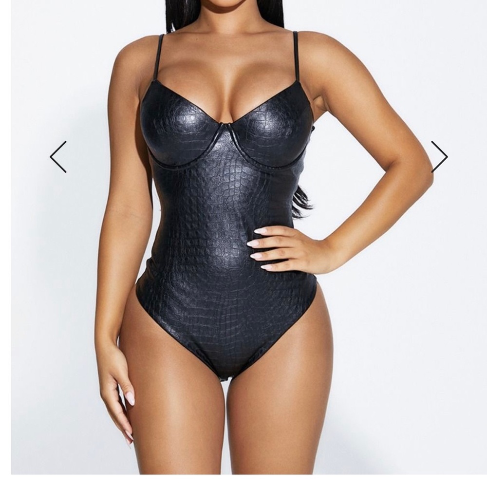 NAKED WARDROBE Faux croc thong bodysuit